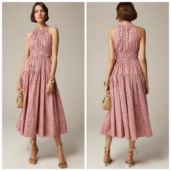 J. Crew Tie-Waist Halter Dress Liberty Ellie Fabric Ellie Ruth Pink Midi Dress - Picture 1 of 13